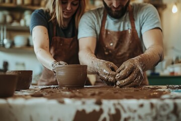 portrait of the couple attending a pottery class or painting workshop, getting their hands dirty and expressing their creativity