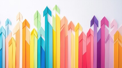 Obraz premium Colorful paper arrows pointing upwards on a white background, symbolizing growth, success, and progress.