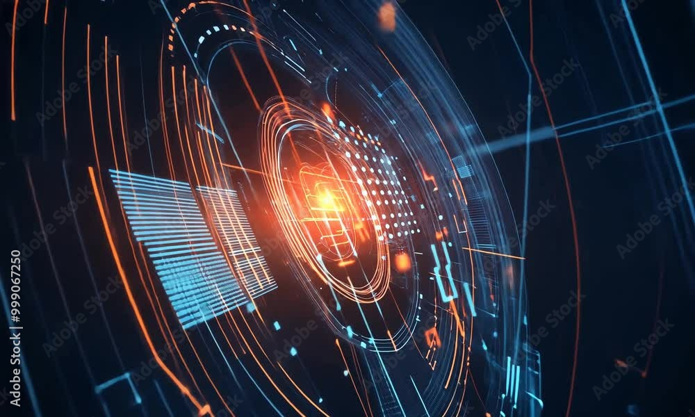 Poster visualizing advanced technology in a futuristic digital network with vibrant colors and intricate pa