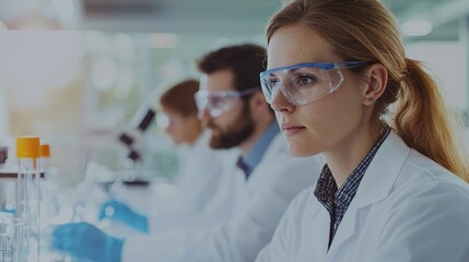 Diverse scientists engaged in detailed research, advanced laboratory equipment, collaborative scientific discovery, modern technology