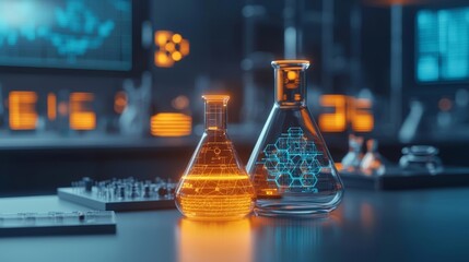 Futuristic laboratory with glowing flasks and digital chemical structures, representing advanced research in chemistry and biotechnology