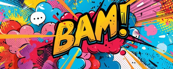 Playful pop art background featuring "BAM!" Dynamic visuals, Bold graphics, Colorful vector