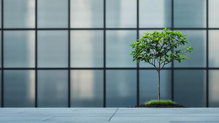 Tree growing in front of a sleek glass office building, blending nature and modern architecture, sustainable cityscape, green urban design