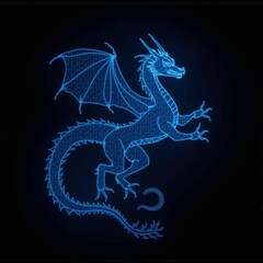 blue neon dragon hologram on black background