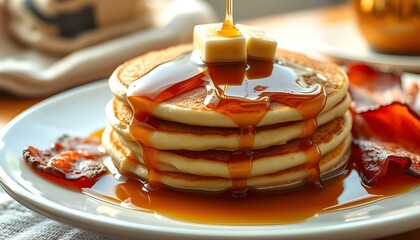 A warm, fluffy stack of pancakes drizzled with rich, golden maple syrup, generative ai