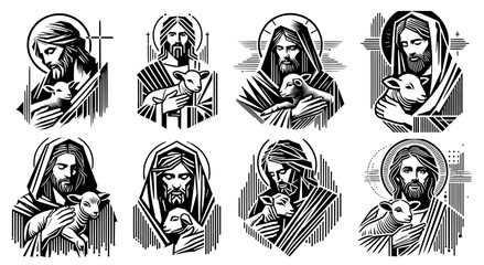 jesus christ embracing lamb in modern religious sketch, black vector illustration © Luka