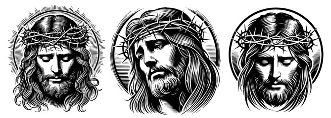 detailed set of jesus christ face portraits in black and white vector, showing serene and holy expressions