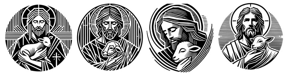 collection of jesus embracing lamb in religious symbolism, black vector design © Luka