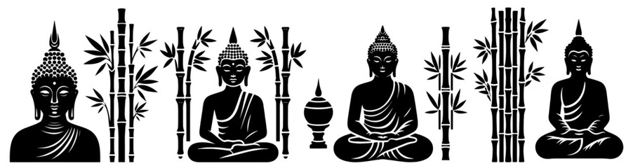 minimalist collection of meditating buddha black shape illustrations in elegant vector art