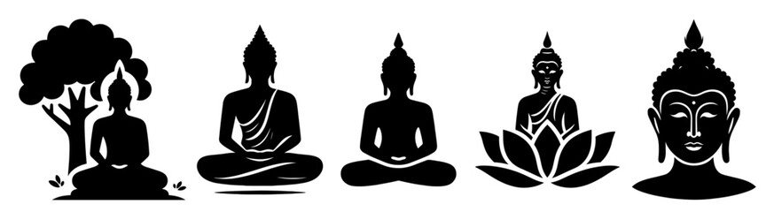 collection of black shape illustrations of meditating buddha in minimalist vector style