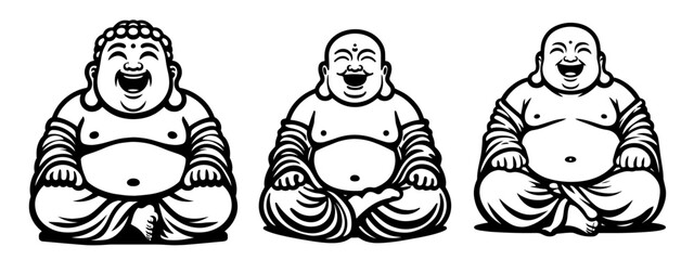 detailed collection of smiling buddha illustrations in black and white vector style
