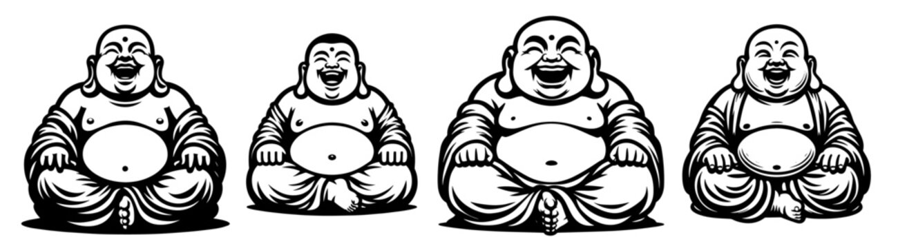 black and white vector illustrations of laughing buddha figures in different playful poses