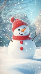 Fototapeta premium Cheerful snowman with scarf and funny knitted hat with Christmas decorations.