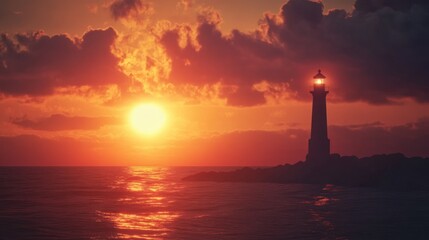Create a cinematic photograph that portrays the dramatic sunset over the ocean, with a silhouette of a lighthouse in the foreground. --ar 16:9 --v 6.1 Job ID: c20c8571-d16d-47a4-8a28-f108abff0b16