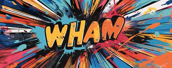 Abstract pop art background with "WHAM" inside. Explosion theme, Dynamic graphics, Vibrant vector