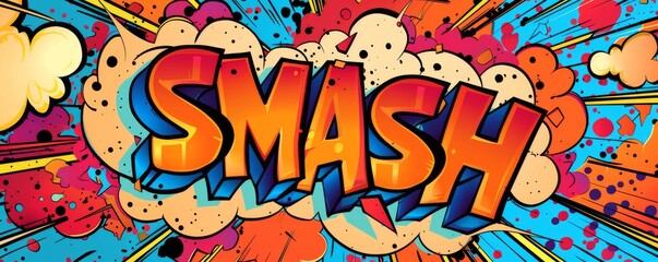 Playful pop art background with "SMASH" text. Dynamic patterns, Comic book style, Colorful vector
