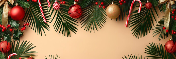 Christmas-themed flat lay with ornaments, holly, candy canes, and tropical leaves on blank background with copy space