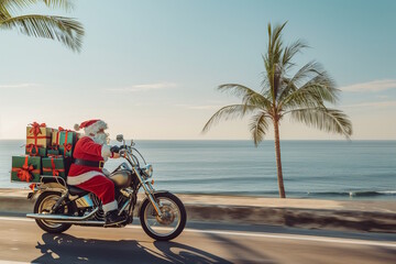 Fototapeta premium Santa Claus riding motorcycle with gifts along tropical seaside road, holiday spirit meets coastal adventure