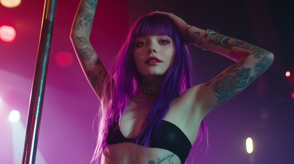 Fototapeta premium Beautiful purple hairWoman with Colorful Tattoos Dancing on a Pole in a Club