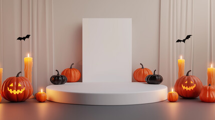 Minimalist Halloween scene with jack-o-lantern pumpkins, fall leaves, and podium for spooky autumn celebrations and holiday decoration design background