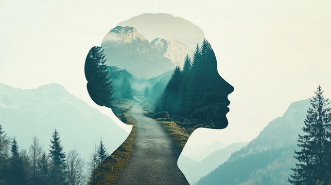 silhouette of a person double exposition with a landscape