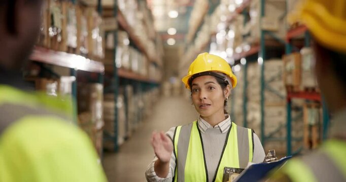 Factory, discussion and manager with clipboard for orders, delivery instructions or distribution. Warehouse, female person and workers or logistics responsibilities, workflow or stock management duty