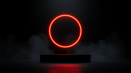 Futuristic red glowing circle in dark background with mist and smoke, representing high-tech innovation, digital designs, and modern technology concepts