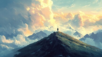 Create a serene mountaintop scene with rolling clouds and a lone figure gazing out into the vastness. --ar 16:9 --v 6.1 Job ID: a1435d74-fddb-4c0a-9334-8e00121da1d7