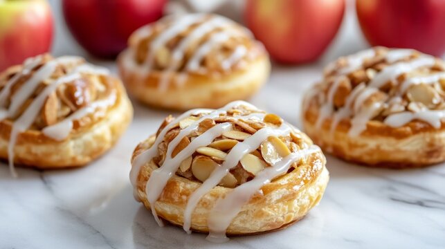 Apple almond pastries with a perfect glaze, placed on a marble countertop with fresh apples nearby generative ai