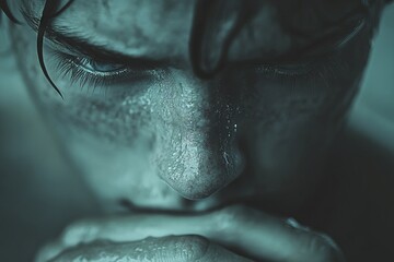 Close-up of a young man's face,  covered in water droplets.