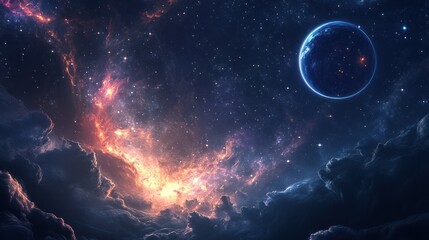 Obraz premium Create a starry night sky with swirling celestial bodies that mirrors the otherworldly ambiance of space operas. --ar 16:9 --v 6.1 Job ID: dbf03432-dcab-438f-8a77-b06582293d08