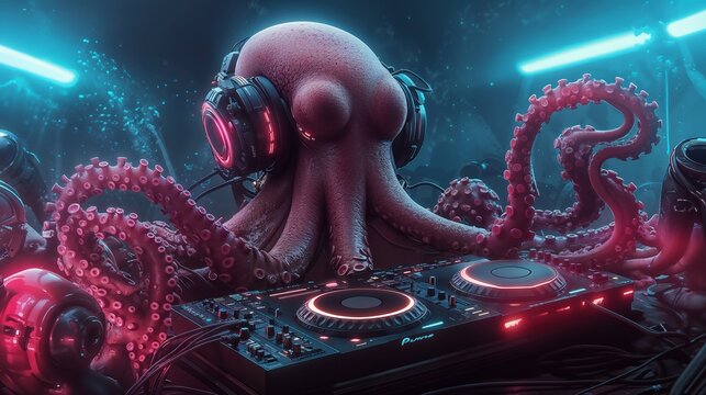Octopus DJ Mixing Music in Futuristic Underwater Nightclub Setting