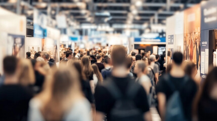 Obraz premium Blurred crowd of people at a business fair or exhibition, with banners and posters on the wall
