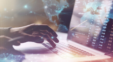 Man working with digital laptop. Global network concept