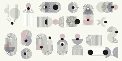 Obraz premium Monochromatyczny zestaw abstrakcyjnych elementów z kolorystycznym akcentem. Geometryczne kształty w paski, minimalistyczne cienkie linie, łuki, elipsy, kwadraty. Ilustracja wektorowa.
