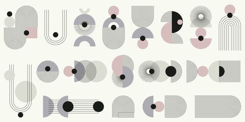 Fototapeta premium Monochromatyczny zestaw abstrakcyjnych elementów z kolorystycznym akcentem. Geometryczne kształty w paski, minimalistyczne cienkie linie, łuki, elipsy, kwadraty. Ilustracja wektorowa.