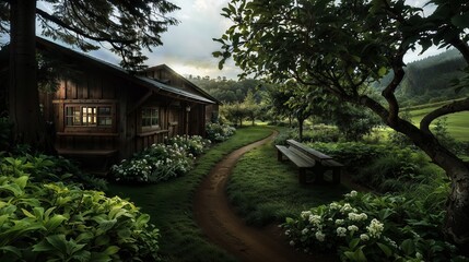 Rustic Cabin Path in Lush Green Garden Setting with Trees and Flowers