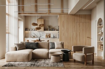 Interior of modern living room with wooden walls, wooden floor, beige sofa and coffee table. 3d rendering