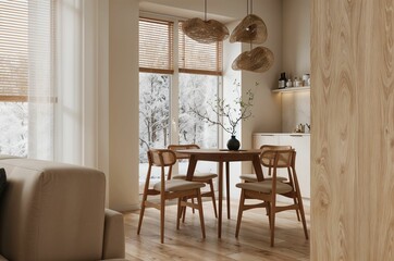 Interior of modern kitchen with beige walls, wooden floor, beige sofa and wooden cupboards. 3d rendering