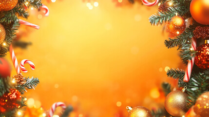 A bright orange Christmas template with a festive frame of vibrant ornaments, candy canes, and twinkling lights, bringing warmth and joy to holiday designs.
