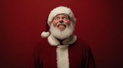 Santa Claus with tears in his eyes, a tender smile on his face, conveying heartfelt emotion as he stands against an isolated red background. His classic red suit contrasts with the deep red backdrop.
