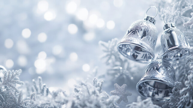 A silver Christmas template featuring a festive frame of silver bells and snowflakes, creating a serene and elegant look.