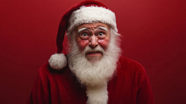 Santa Claus with tears in his eyes, a tender smile on his face, conveying heartfelt emotion as he stands against an isolated red background. His classic red suit contrasts with the deep red backdrop.