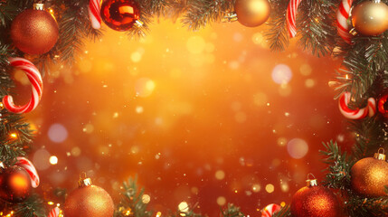 A bright orange Christmas template with a festive frame of vibrant ornaments, candy canes, and twinkling lights, bringing warmth and joy to holiday designs.