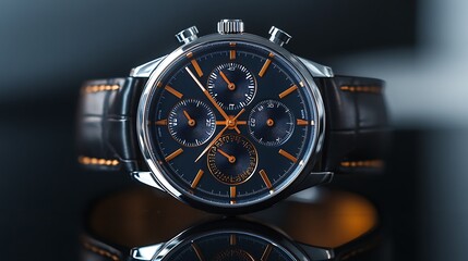 A close-up of a silver chronograph watch with a blue face and orange accents, on a black leather band, reflected on a dark surface.