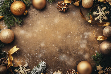 A warm gold Christmas template framed with shimmering golden baubles, snowflakes, and ribbon, offering a luxurious feel for festive designs.