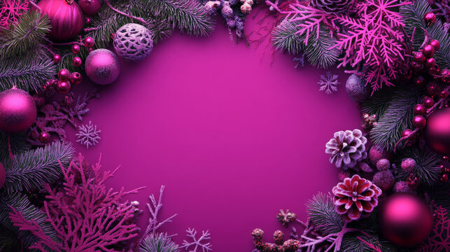 A magenta Christmas template featuring a festive frame of magenta-colored decorations and snowflakes, evoking a lively and energetic ambiance.