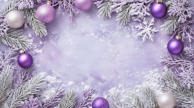 A lavender Christmas template featuring a festive frame of lavender-colored decorations and snowflakes, evoking a soft and calming ambiance.