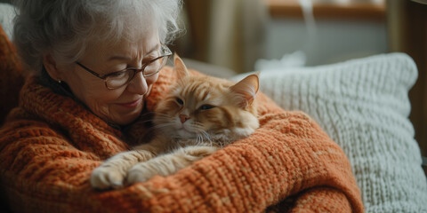 An elderly woman cuddles her orange cat while wrapped in a cozy blanket indoors. An elderly woman enjoys a quiet moment with her orange cat nestled in her arms.