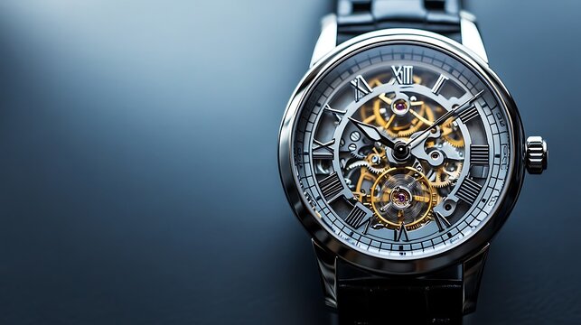 A close-up of a skeleton watch with Roman numerals.